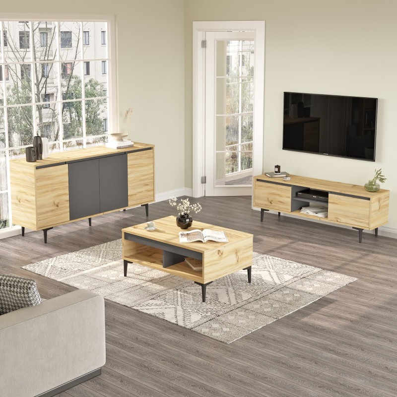 10136_0-800x800 Σετ επίπλων σαλονιού Lione μελαμίνη oak ανθρακί 140x48 1x35 5cm μεταλλικά πόδια ed10136 - Image 1