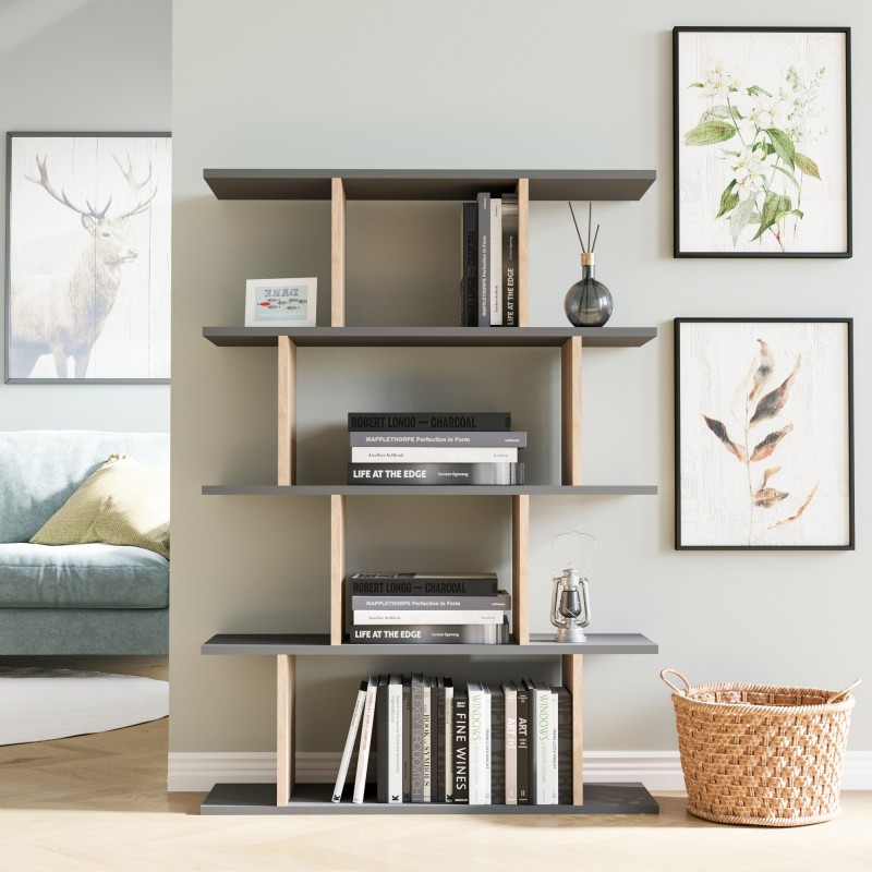 13973_0-800x800 Βιβλιοθήκη Harmony ανθρακί Oak 90x25x127 4cm μελαμίνη ed13973 - Image 1