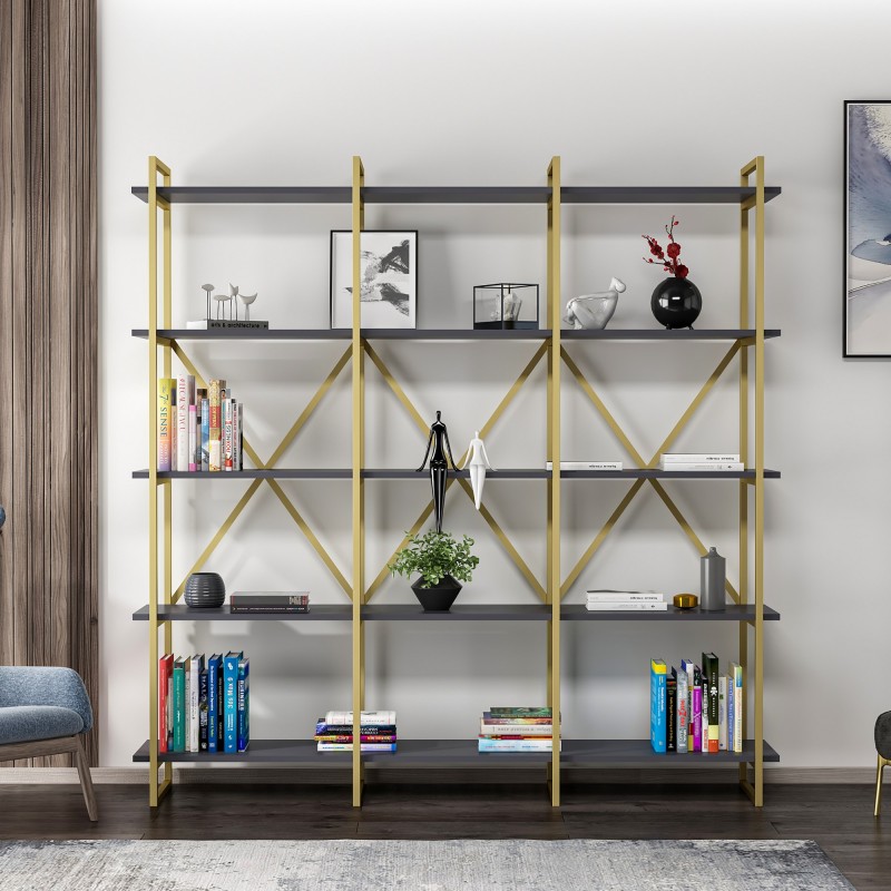 14046_0-800x800 Βιβλιοθήκη Elston χρυσό ανθρακί μελαμίνη 180x34x180εκ ed14046 - Image 1