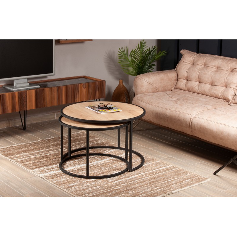 1457_0-800x800 Σετ τραπέζια σαλονιού Tamburo Oak μελαμίνη μαύρο μέταλλο 66x43cm ed1457 - Image 1