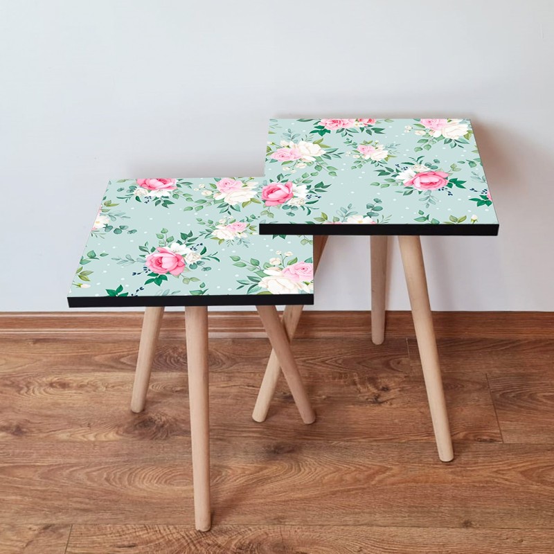 15205_0-800x800 Τραπέζια βοηθητικά Shape σαλονιού 2 τεμάχια πράσινο ροζ άσπρο MDF ξύλινα πόδια 35x47cm ed15205 - Image 1