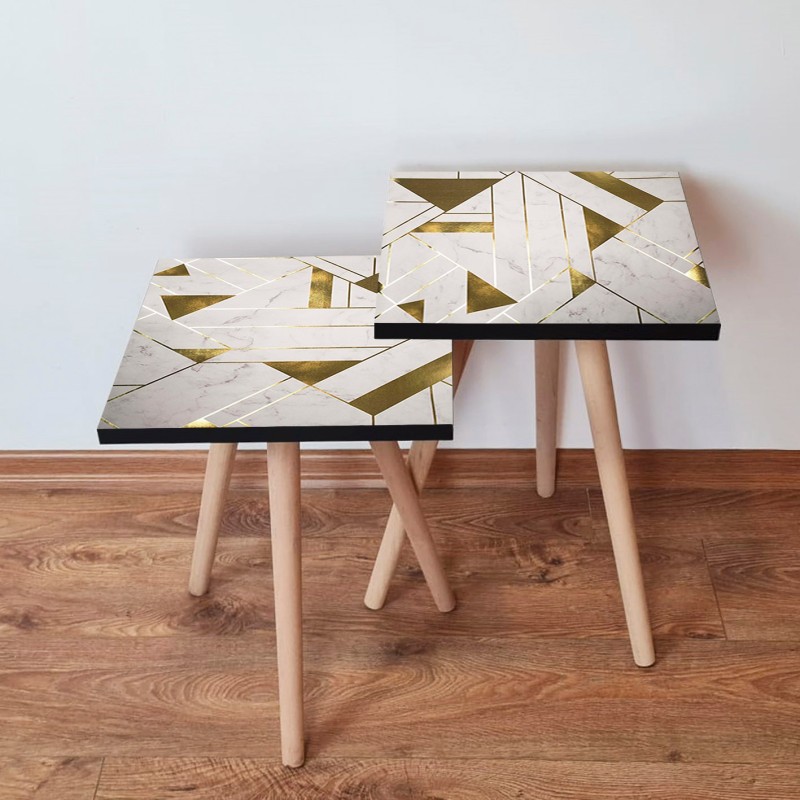 15276_0-800x800 Τραπέζια βοηθητικά Shape σαλονιού 2 τεμάχια άσπρο χρυσό MDF ξύλινα πόδια 35x47cm ed15276 - Image 1