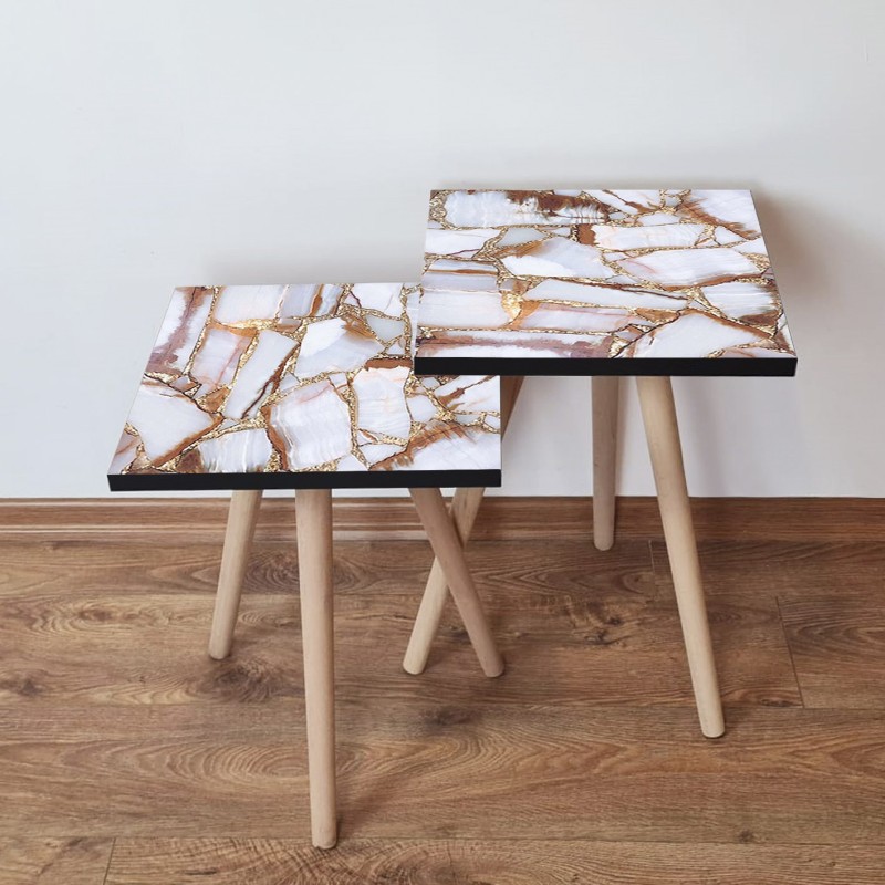 15310_0-800x800 Τραπέζια βοηθητικά Shape σαλονιού 2 τεμάχια καφέ άσπρο χρυσό MDF ξύλινα πόδια 35x47cm ed15310 - Image 1