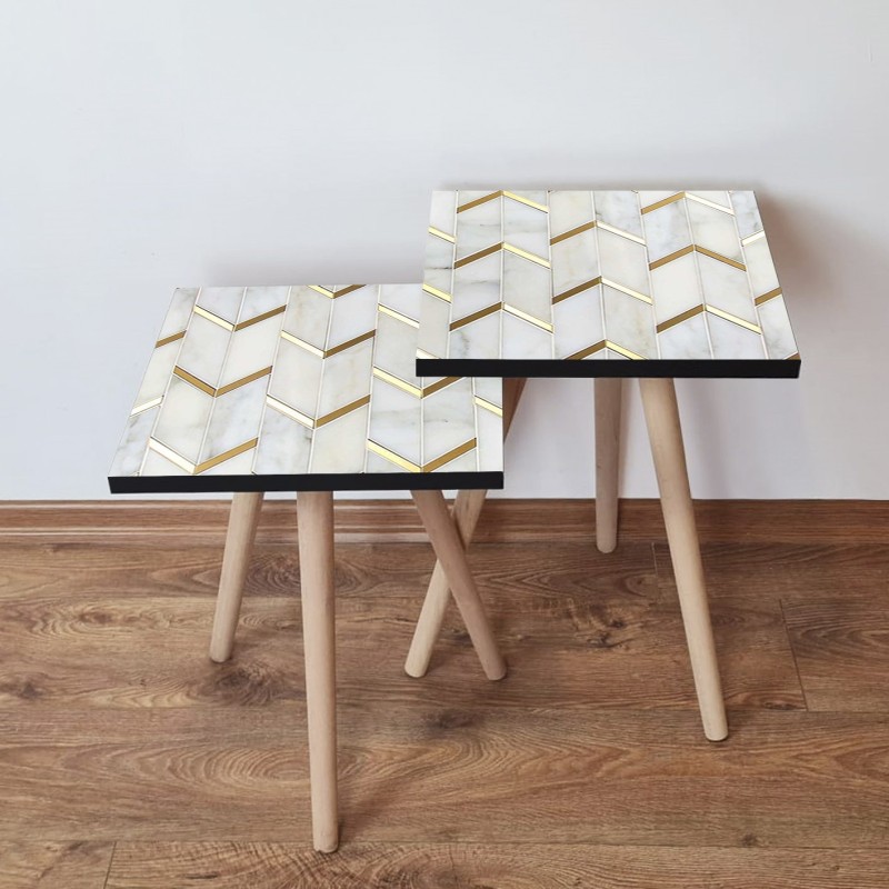 15322_0-800x800 Τραπέζια βοηθητικά Shape σαλονιού 2 τεμάχια άσπρο χρυσό MDF ξύλινα πόδια 35x47cm ed15322 - Image 1