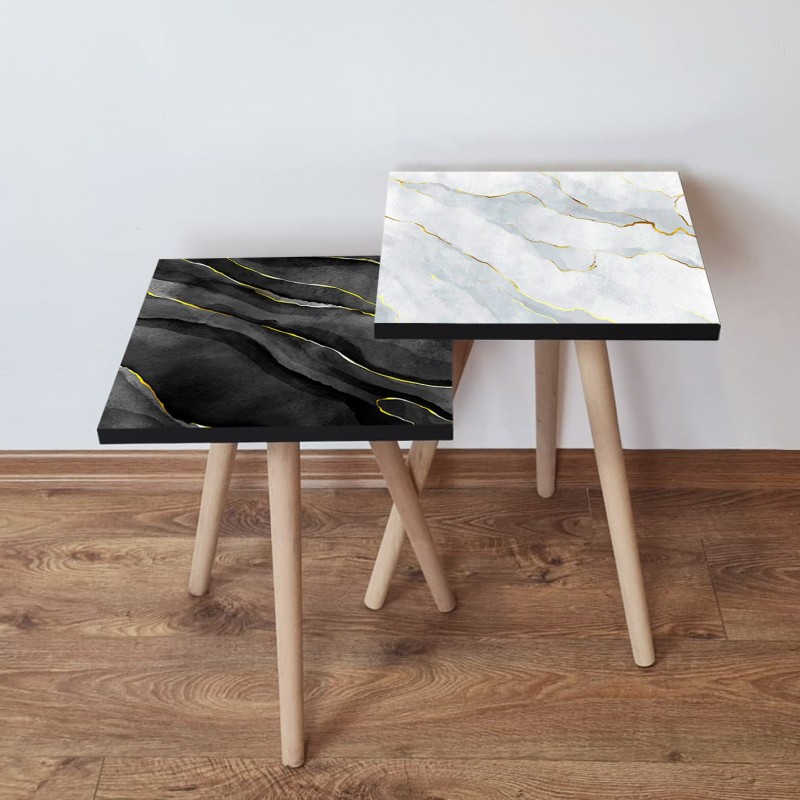 15501_0-800x800 Τραπέζια βοηθητικά Shape σαλονιού 2 τεμάχια μαύρο άσπρο χρυσό MDF ξύλινα πόδια 35x47cm ed15501 - Image 1