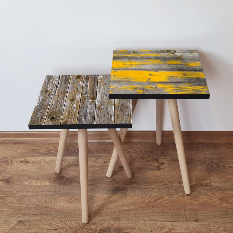 15542_0-800x800 Τραπέζια βοηθητικά Shape σαλονιού 2 τεμάχια καφέ γκρι κίτρινο MDF ξύλινα πόδια 35x47cm ed15542 - Image 1