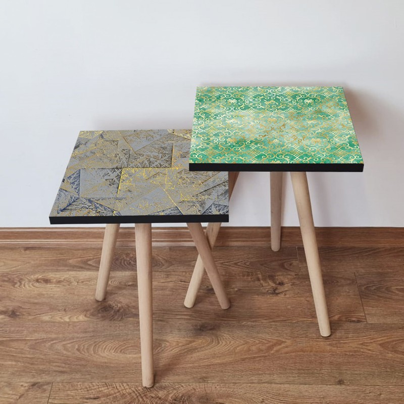 15568_0-800x800 Τραπέζια βοηθητικά Shape σαλονιού 2 τεμάχια γκρι πράσινο χρυσό MDF ξύλινα πόδια 35x47cm ed15568 - Image 1