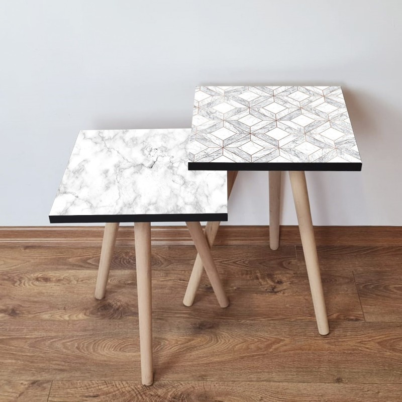 15574_0-800x800 Τραπέζια βοηθητικά Shape σαλονιού 2 τεμάχια μαύρο άσπρο γκρι MDF ξύλινα πόδια 35x47cm ed15574 - Image 1