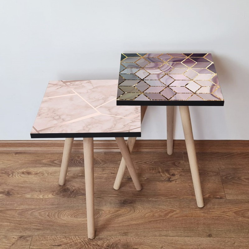 15587_0-800x800 Τραπέζια βοηθητικά Shape σαλονιού 2 τεμάχια κρεμ χρυσό ροζ άσπρο MDF ξύλινα πόδια 35x47cm ed15587 - Image 1