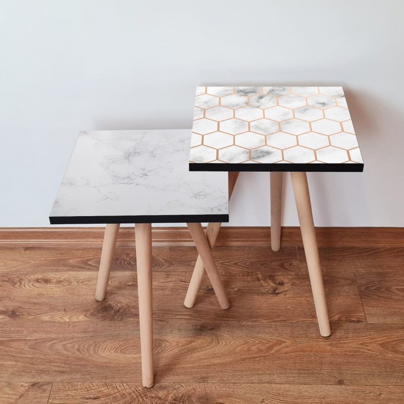 15595_0-800x800 Τραπέζια βοηθητικά Shape σαλονιού 2 τεμάχια άσπρο χρυσό γκρι MDF ξύλινα πόδια 35x47cm ed15595 - Image 1