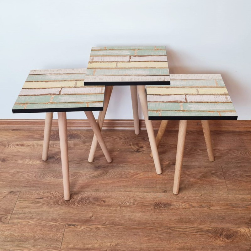 15667_0-800x800 Τραπέζια βοηθητικά Shape σαλονιού 3 τεμάχια πράσινο άσπρο κίτρινο MDF ξύλινα πόδια 35x52cm ed15667 - Image 1