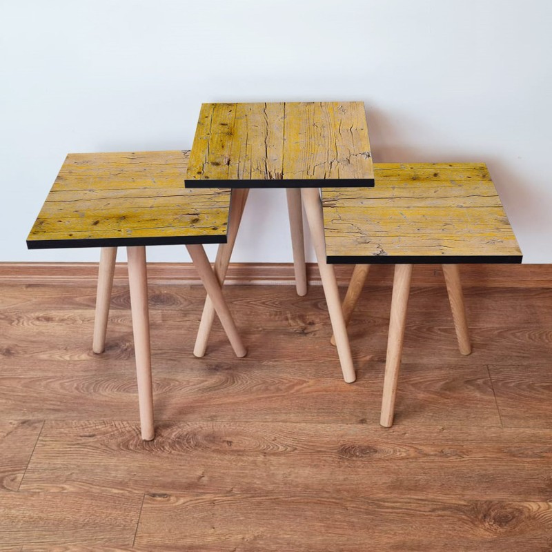 15678_0-800x800 Τραπέζια βοηθητικά Shape σαλονιού 3 τεμάχια κίτρινο καφέ MDF ξύλινα πόδια 35x52cm ed15678 - Image 1