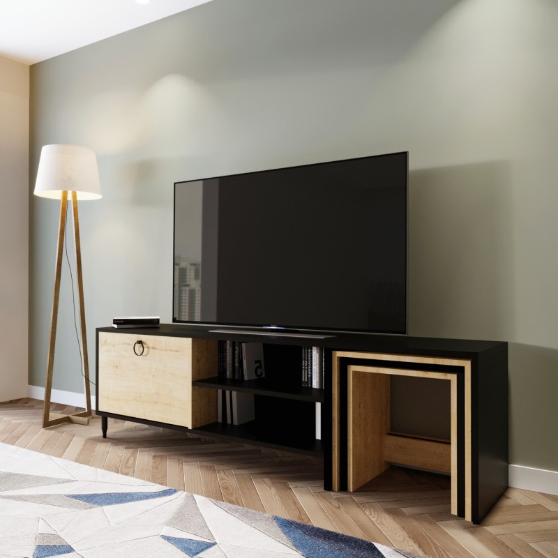 3475_0-800x800 Έπιπλο TV Poesia 2 oak μαύρο χρώμα μελαμίνη 180x40x55cm ed3475 - Image 1