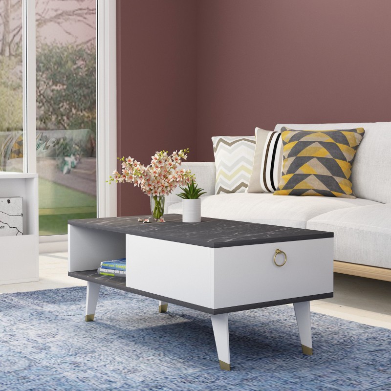 5363_0-800x800 Τραπέζι σαλονιού Delux άσπρο μαύρο μάρμαρο μελαμίνη 90x45x42 4εκ ed5363 - Image 1